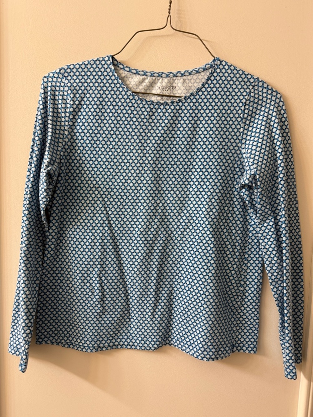Talbots Light Blue & White Printed Long-Sleeve Crewneck Top